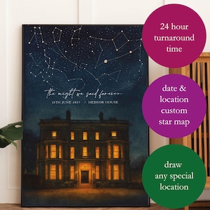 May include: A framed print with a night sky star map design above a building. The print includes the text "the night we said forever" and the date "15th June 2021". The print also includes the text "Hedsor House". The print is displayed in a room with a plant and wooden furniture.