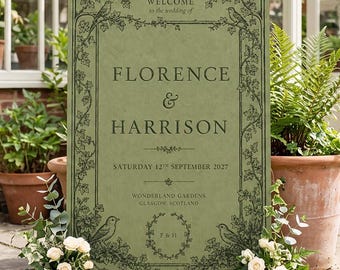 Vintage Botanical Wedding Welcome Sign, Botanical Wedding Sign, Custom Welcome to our wedding, Sage Green Wedding Sign, Welcome Sign