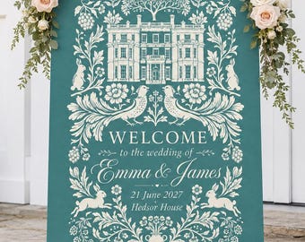 Custom Venue Wedding Welcome Sign, Personalised Floral Wedding Sign, Botanical Wedding Welcome Board, Bespoke Venue Illustration