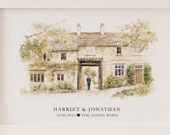 May include: A framed watercolor print of a stone building with a central archway, surrounded by green trees. Below the illustration, the text reads: HARRIET & JONATHAN, 10.06.2026, a heart symbol, and THE STONE BARN, all in a clean, dark font.