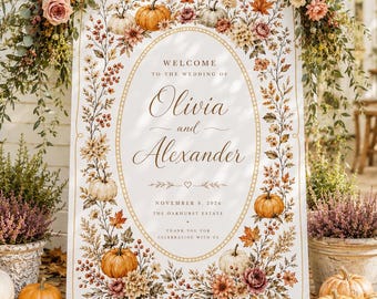 Autumn Wedding Welcome Sign, Fall Wedding Sign with Pumpkins, Personalised Wedding Welcome Board, Rustic Floral Wedding Decor, October