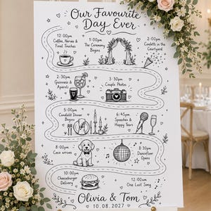 Può includere: Un cartello bianco per il programma del matrimonio con illustrazioni a linee nere e il testo Our Favourite Day Ever. Il programma elenca gli eventi dalle 12:00 a mezzanotte, con icone come una tazza di caffè, fotocamera, cane e hamburger, firmato Olivia & Tom 10.08.2027.