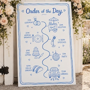 Op de afbeelding: Een wit rechthoekig trouwbord met een blauwe handgetekende rand en de tekst Order of the Day. Het bevat blauwe lijntekeningen van iconen voor de ceremonie, receptie, huwelijksontbijt, toespraken, taart snijden, feest, snacks en vertrek.
