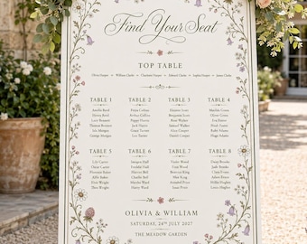 Wildflower Wedding Seating Plan, Botanical Wedding Seating Plan, Floral Seating Chart, Greenery Wedding Table Plan, Garden Wedding Decor