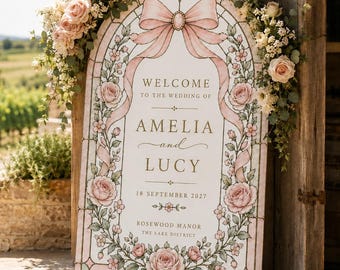 Stained Glass Effect Wedding Welcome Sign, Arched Floral Wedding Sign, Church Wedding Sign, Boho Welcome Sign, Garden Wedding Entrance Sign