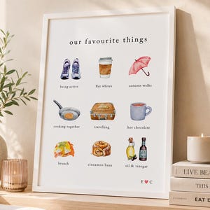 Może przedstawiać: Biała oprawiona grafika ścienna z napisem our favourite things przedstawiająca dziewięć akwarelowych ilustracji, w tym buty sportowe, kawę, parasol, patelnię, walizkę, kubek, brunch, cynamonkę oraz butelki z oliwą i octem z inicjałami E C.