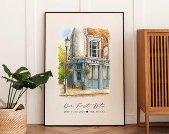 First Date Venue Portrait, Custom Watercolour Couple Drawing, Anniversary Keepsake, Valentines Gift, Restaurant Sketch, Valentines Gift