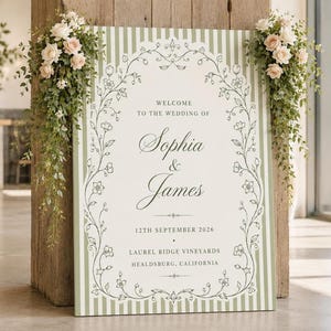 Sage Green Wedding Welcome Sign, Wedding Welcome Sign, Striped Wedding Sign, Wedding Entrance Sign, Garden Wedding Decor, Vintage Wedding