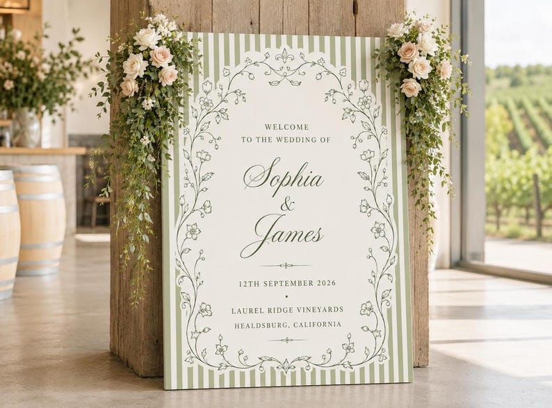 Sage Green Wedding Welcome Sign, Wedding Welcome Sign, Striped Wedding Sign, Wedding Entrance Sign, Garden Wedding Decor, Vintage Wedding