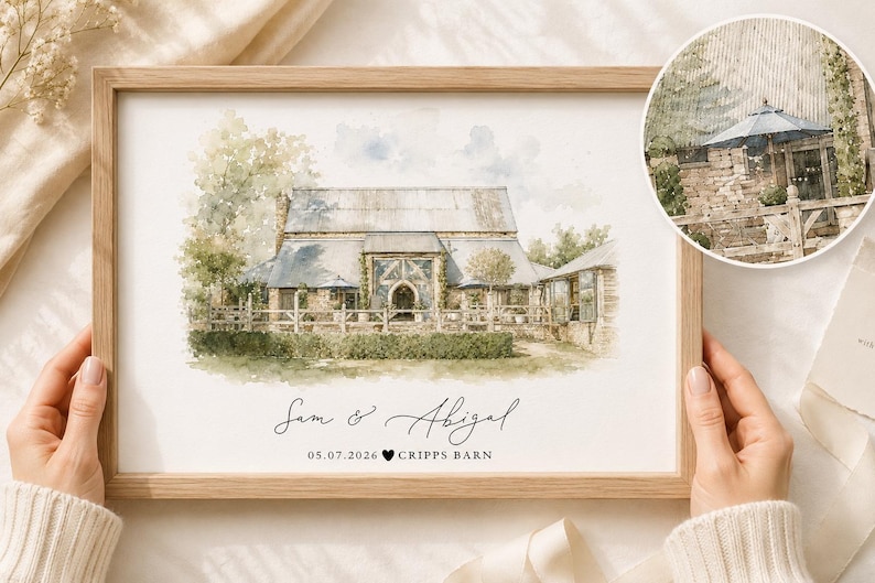 Watercolour Wedding Venue Print – Custom Wedding Gift, Anniversary Keepsake, Venue Portrait from Photo, Anniversary Gift, Valentines Gift, wedding gift, watercolour portrait, watercolour wedding portrait, bride & groom gift, gift for the couple