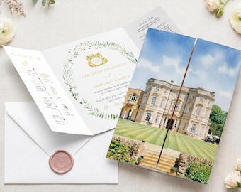 Custom Watercolour Wedding Venue Invite, Custom Illustrated Venue Invitation, Watercolour Gatefold Invites, Stationery