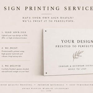 May include: A sign printing service advertisement featuring a rectangular white sign with four corner holes. The text reads: SIGN PRINTING SERVICE, HAVE YOUR OWN SIGN DESIGN? WE'LL PRINT IT TO PERFECTION, YOUR DESIGN PRINTED TO PERFECTION, INDOOR & OUTDOOR SIGNAGE BUILT TO LAST.