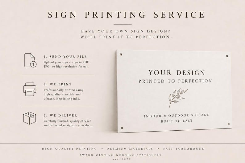 May include: A sign printing service advertisement featuring a rectangular white sign with four corner holes. The text reads: SIGN PRINTING SERVICE, HAVE YOUR OWN SIGN DESIGN? WE'LL PRINT IT TO PERFECTION, YOUR DESIGN PRINTED TO PERFECTION, INDOOR & OUTDOOR SIGNAGE BUILT TO LAST.