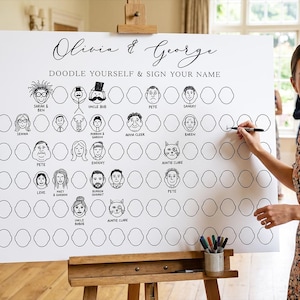 Op de afbeelding: Een wit bord op een ezel met de tekst "Olivia & George" en "Doodle Yourself & Sign Your Name" in zwart schrift. Het bord heeft doodle-portretten en lege ruimtes voor gasten om te tekenen en te ondertekenen. Een vrouw lacht en schrijft op het bord.