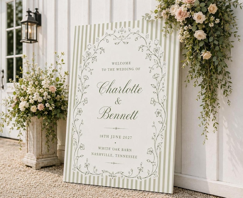 Sage Green Wedding Welcome Sign, Wedding Welcome Sign, Striped Wedding Sign, Wedding Entrance Sign, Garden Wedding Decor, Vintage Wedding