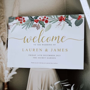 Panneau de bienvenue de mariage de Noël, panneau de mariage festif, panneau de bienvenue de mariage d&#39;hiver Bienvenue à notre mariage, panneau de bienvenue personnalisé le jour du mariage