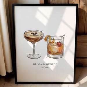 Impresión personalizada de bebidas para parejas: arte de cócteles en acuarela, decoración de pared para bar, regalo de aniversario de boda, San Valentín.