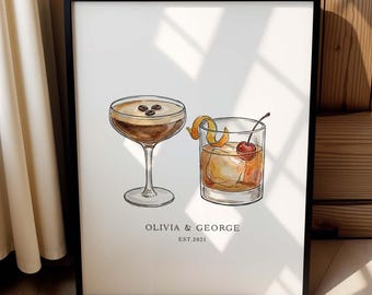 Personalised Couples Drinks Print – Custom Watercolour Cocktail Art, His Hers Bar Wall Decor, Wedding Anniversary Gift, Valentines Day