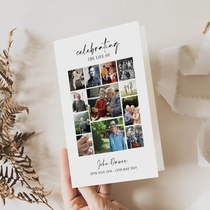 May include: A white card with a collage of black and white photos of a man. The card reads "celebrating the life of John Dawes 29th July 1958 - 12th May 2023".