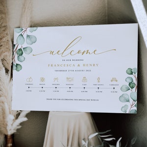 Order of the Day Wedding Sign, Welcome Wedding Sign, Wedding Timeline, Wedding Day Schedule, Gold Wedding Timeline, Eucalyptus Wedding Sign