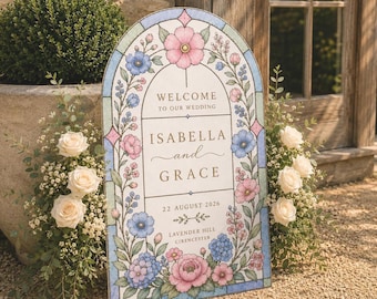 Gebrandschilderd glaseffect bruiloft welkomstbord, boog bloemen bruiloft bord, kerk bruiloft bord, boho welkomstbord, tuin bruiloft entree bord