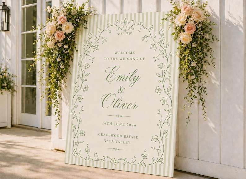 Sage Green Wedding Welcome Sign, Wedding Welcome Sign, Striped Wedding Sign, Wedding Entrance Sign, Garden Wedding Decor, Vintage Wedding