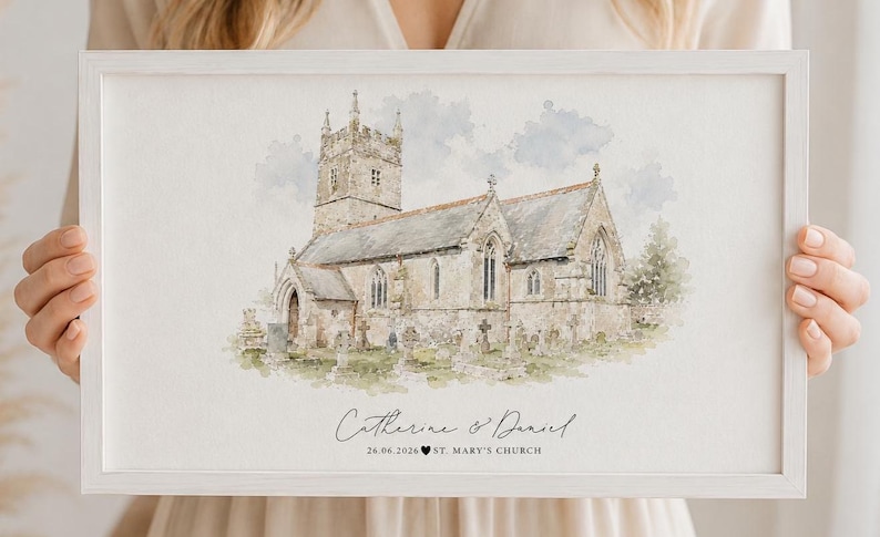 Watercolour Wedding Venue Print – Custom Wedding Gift, Anniversary Keepsake, Venue Portrait from Photo, Anniversary Gift, Valentines Gift, wedding gift, watercolour portrait, watercolour wedding portrait, bride & groom gift, gift for the couple