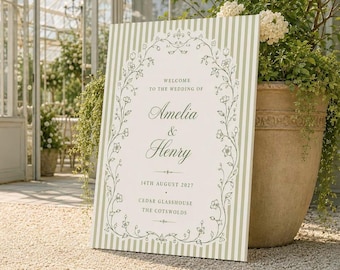 Sage Green Wedding Welcome Sign, Wedding Welcome Sign, Striped Wedding Sign, Wedding Entrance Sign, Garden Wedding Decor, Vintage Wedding