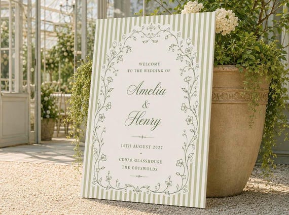 Sage Green Wedding Welcome Sign, Wedding Welcome Sign, Striped Wedding Sign, Wedding Entrance Sign, Garden Wedding Decor, Vintage Wedding