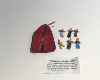 Guatamalan worry dolls in a textile pouch