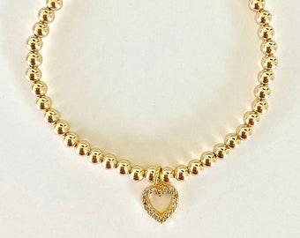 Mila | Gold Bead & Pave Heart Charm Bracelet