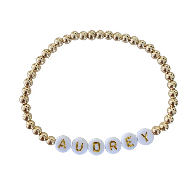 Gold Bracelet with White/Gold Letter Beads