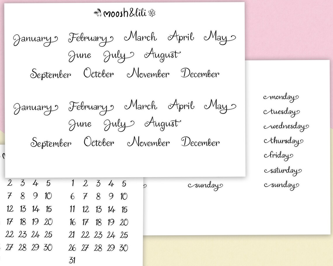 Scrolling Cursive Date Planner Twirly Cursive Months / Weeks / Dates Stickers - Digital ...