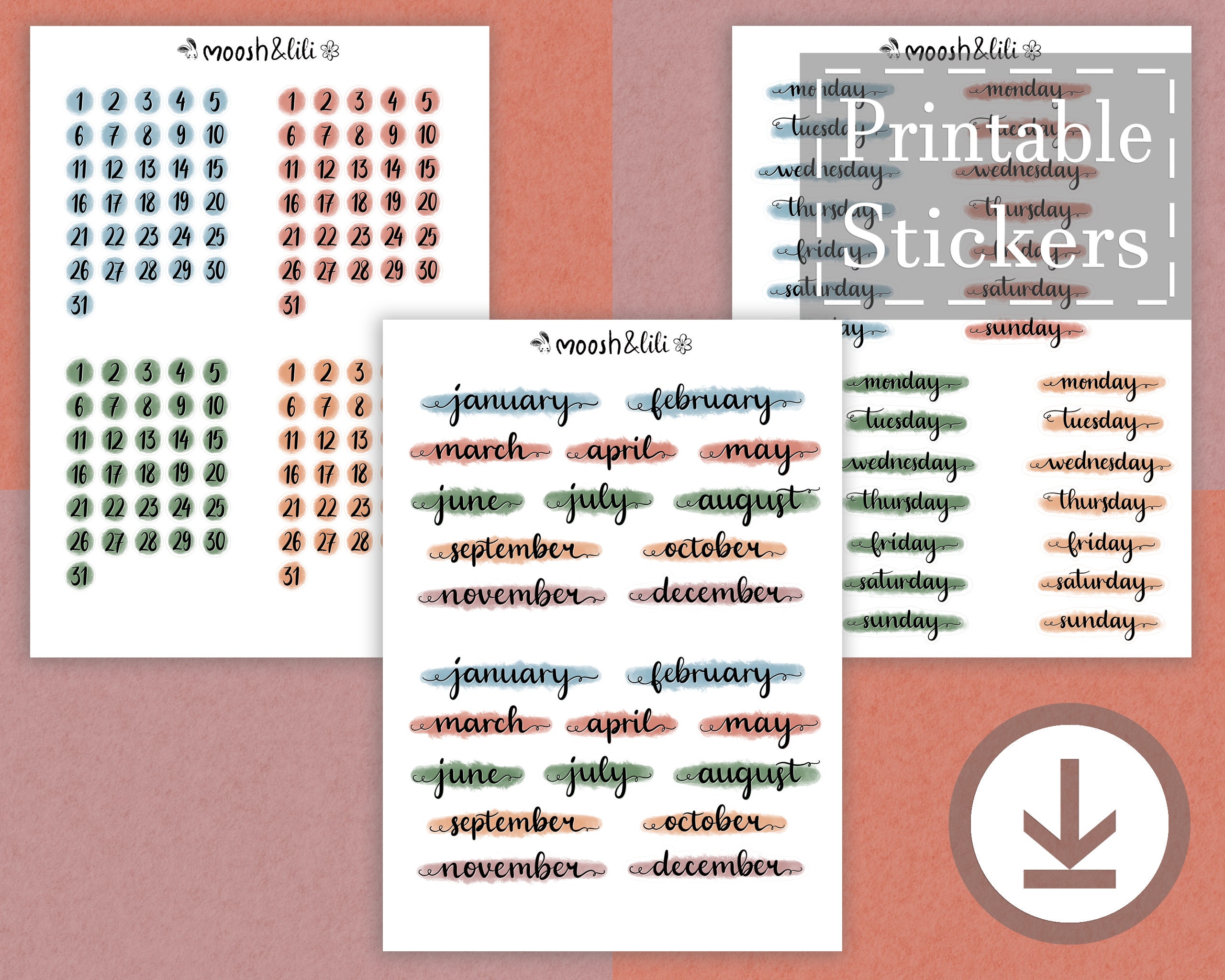 Date Sign Cursive Planner Colorful Cursive Months / Weeks / Dates Stickers - Digital ...