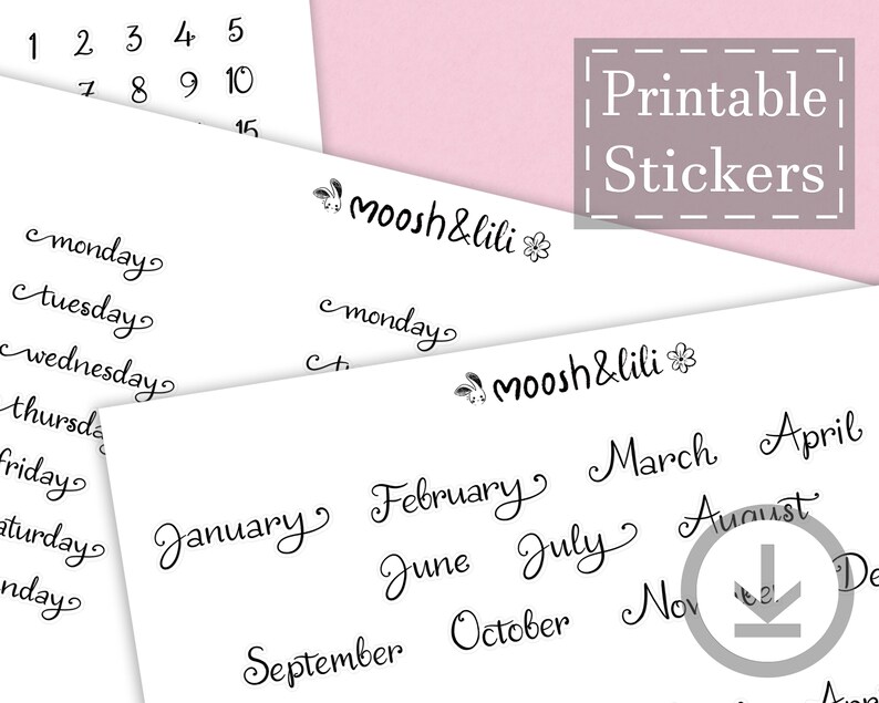 Scrolling Cursive Date Planner Twirly Cursive Months / Weeks / Dates Stickers - Digital ...