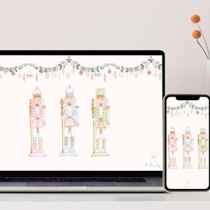 May include: A digital desktop and phone wallpaper featuring three watercolor nutcracker soldiers in pink, blue, and green, with a garland of greenery and ornaments above them.