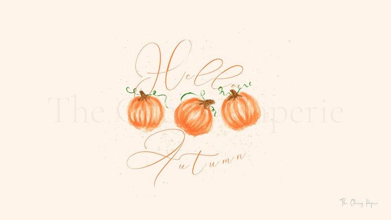May include: A digital illustration of three orange pumpkins with green stems and leaves. The text "Hello Autumn" is written in cursive script above the pumpkins.