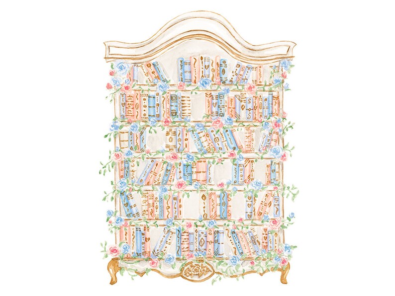 Bookshelf Art Print Book Decor Book Wall Art Watercolor Etsy