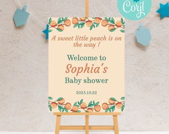 Editable imprimible Little Peach Baby Shower Welcome Sign, Peach Theme Baby Shower Welcome Sign Template, descarga instantánea
