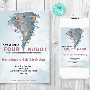 Ella es una invitación a la fiesta de cumpleaños del pequeño tornado, plantilla de invitación temática de tormenta electrónica, invitación al 4º cumpleaños del tornado, invitación a Fournado