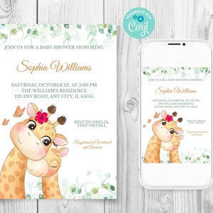 Invitación de baby shower de jirafa, plantilla de invitación de baby shower de Safari, baby shower boho, tarjeta personalizada, invitación de mamá y bebé