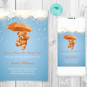 Może przedstawiać: Zaproszenie na baby shower z niebieskim tłem i białymi chmurami. Pluszowy miś trzyma pomarańczowy parasol i unosi się w powietrzu. Tekst brzmi "Rain or Shine, It's Party Time!" i zawiera imię "Sophia Williams".