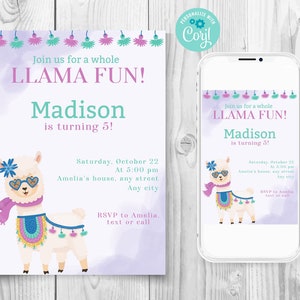 Convite de aniversário de lhama roxo, modelo eletrônico de aniversário de lhama inteiro, convite de aniversário de lhama Boho, cartão de lhama personalizado