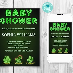Faire-part de baby shower modifiable cactus néon, baby shower succulente, modèle de baby shower de lettres néon, carte personnalisée