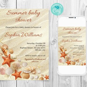 Bewerkbare zomer baby shower uitnodiging, strand baby shower uitnodiging sjabloon, zand en schelpen baby shower, aangepaste kaart