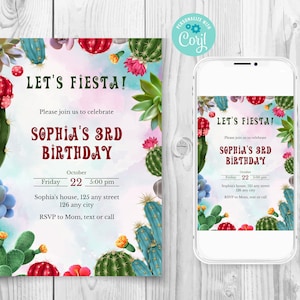 Faire-part d'anniversaire cactus modifiable, modèle d'anniversaire floral succulent, fête d'anniversaire de bébé sur le thème Fiesta, carte personnalisée
