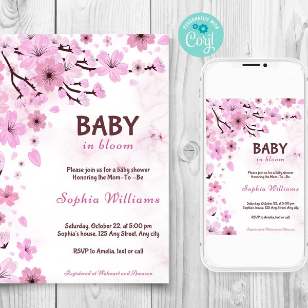 Baby in Bloom Invitation, Pink Flowers Baby Shower , Instant Download, Cherry Blossom Invitation, Floral Baby Brunch Invite, Electronic