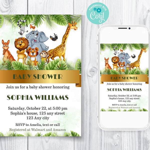 Editable Printable Animals Baby Shower Invitation, Electronic Tropical Safari Baby Shower invite Template, Instant Download