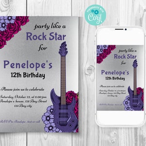 Editable Rock Star Birthday Party Invitation, Electronic Purple Silver Guitar Birthday Party Invite, Party Like A Rockstar Invitation