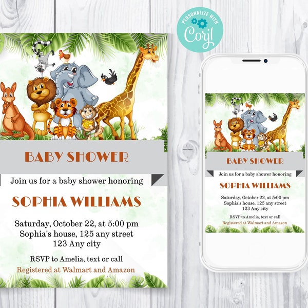 Editable Printable Animals Baby Shower Invitation, Electronic Tropical Safari Baby Shower invite Template, Instant Download